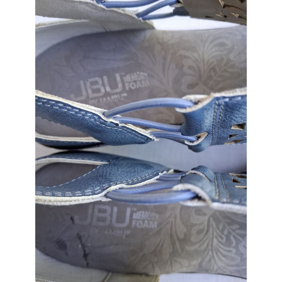 Women's JBU Blue Laser Cut Wedge Sandals Size 11 Black Sole NEW - Picture 11 of 12